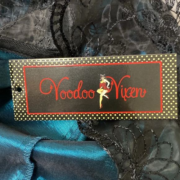 Voodoo Vixen NEW Black Teal Embroidered Lace Overlay Witchy Retro Pin Up Dress S - Picture 12 of 15